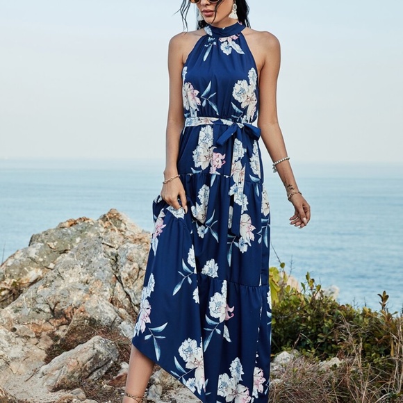 Boho Gypsy Floral Halter Ruffle Maxi Dress Blue - Picture 13 of 15